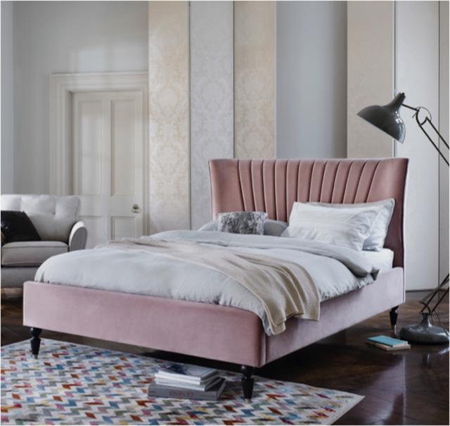 Pink and grey bedroom – pink fluted bed frame